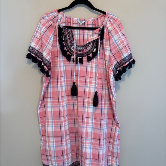 Crown & Ivy Dress Sz 14 Pink Blue White Plaid Tassel Short Sleeve Beach Casual - Picture 3 of 12